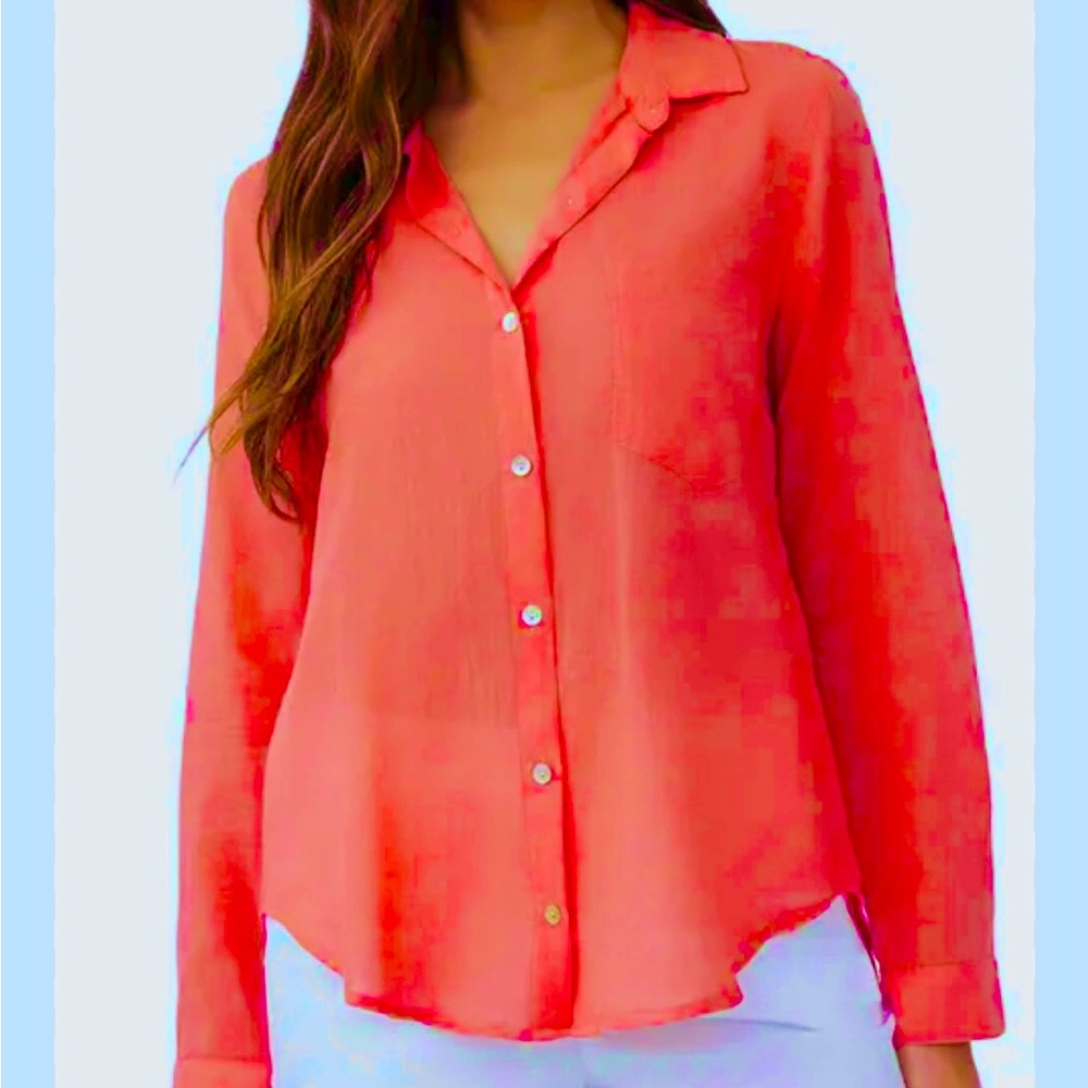 🔥Garage “My Perfect Shirt” Sheer Neon Coral Button-Up Blouse - Size Large🔥